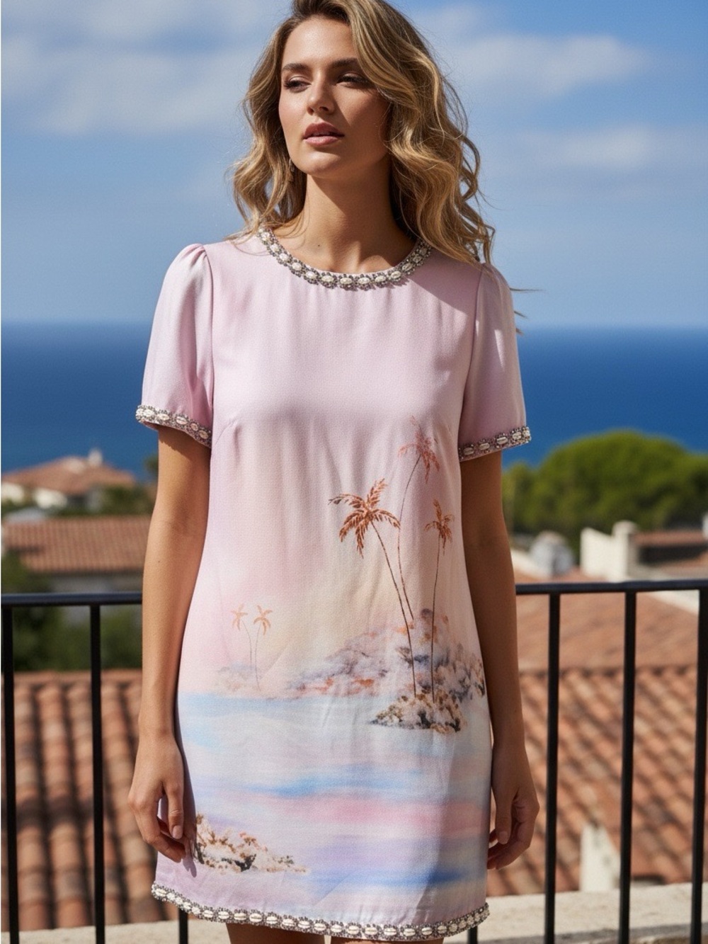 Pink Beaded Trim Tropical Shift Dress
